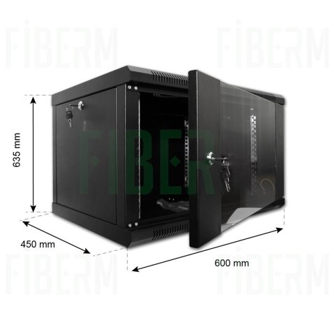 FIBERM Szafa RACK 19` wisząca 12U głębokość 450mm czarna drzwi szklane